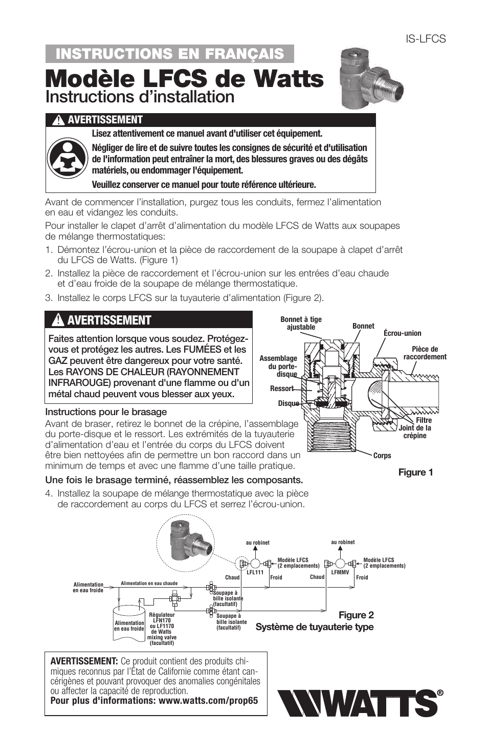 Modèle lfcs de watts, Instructions d’installation, Instructions en français | Is-lfcs, Avertissement | Watts LFCS User Manual | Page 3 / 4