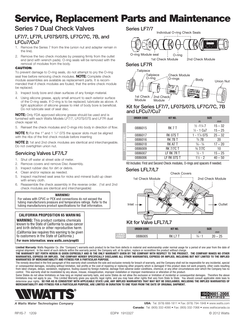 Service, replacement parts and maintenance, Series 7 dual check valves, Series lfl7/l7 | Servicing valves lf7/l7, Series lf7/7, Kit for valve lfl7/l7, Series lf7r | Watts L7 User Manual | Page 2 / 2