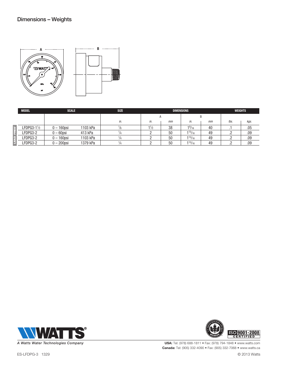 Dimensions – weights | Watts LFDPG-3 User Manual | Page 2 / 2