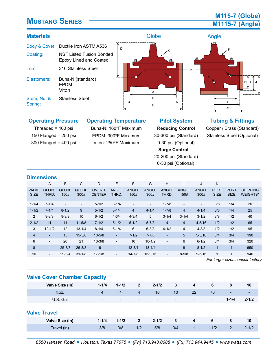 Ustang, Eries, Materials | Globe angle, Valve cover chamber capacity, Valve travel, Dimensions, Viton | Watts M1115-7 User Manual | Page 2 / 8