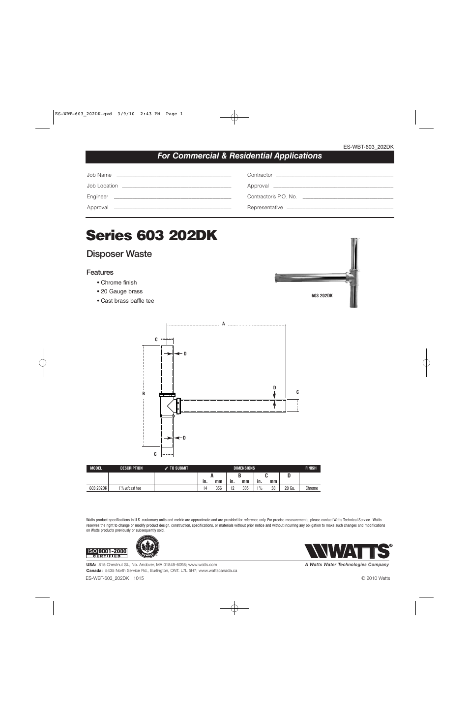 Watts 603 202DK User Manual | 1 page