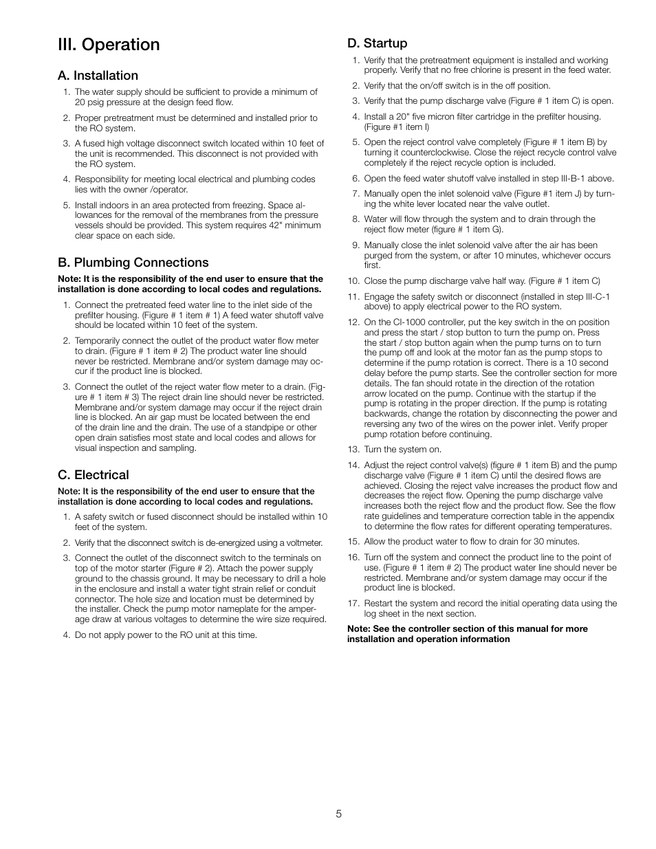 Iii. operation, A. installation, B. plumbing connections | C. electrical, D. startup | Watts PWR4022 User Manual | Page 5 / 16