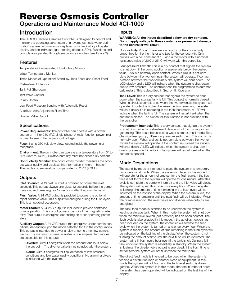 Reverse osmosis controller, Introduction, Operations and maintenance model #ci-1000 | Features, Specifications, Outputs, Inputs, Mode descriptions | Watts PWR4022 User Manual | Page 7 / 16