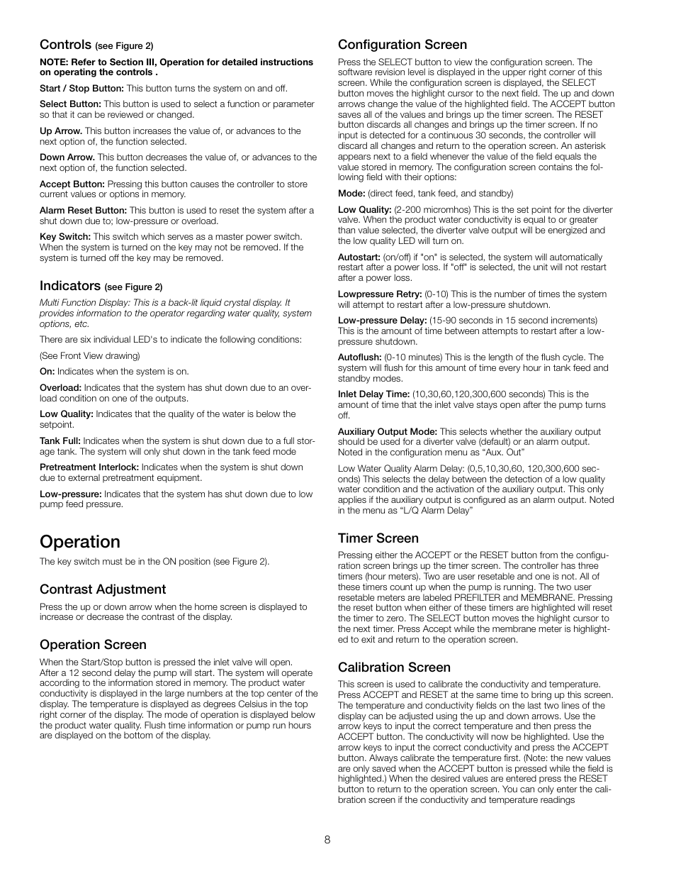 Operation, Controls, Indicators | Contrast adjustment, Operation screen, Configuration screen, Timer screen, Calibration screen | Watts PWR4022 User Manual | Page 8 / 16