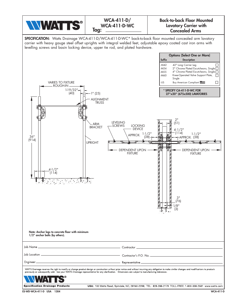 Watts WCA-411-D/WCA-411-D-WC User Manual | 1 page