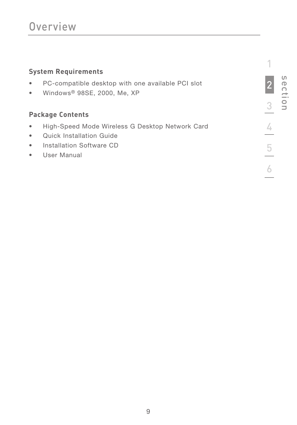 Overview, Se ct io n | Belkin F5D7001 User Manual | Page 11 / 52