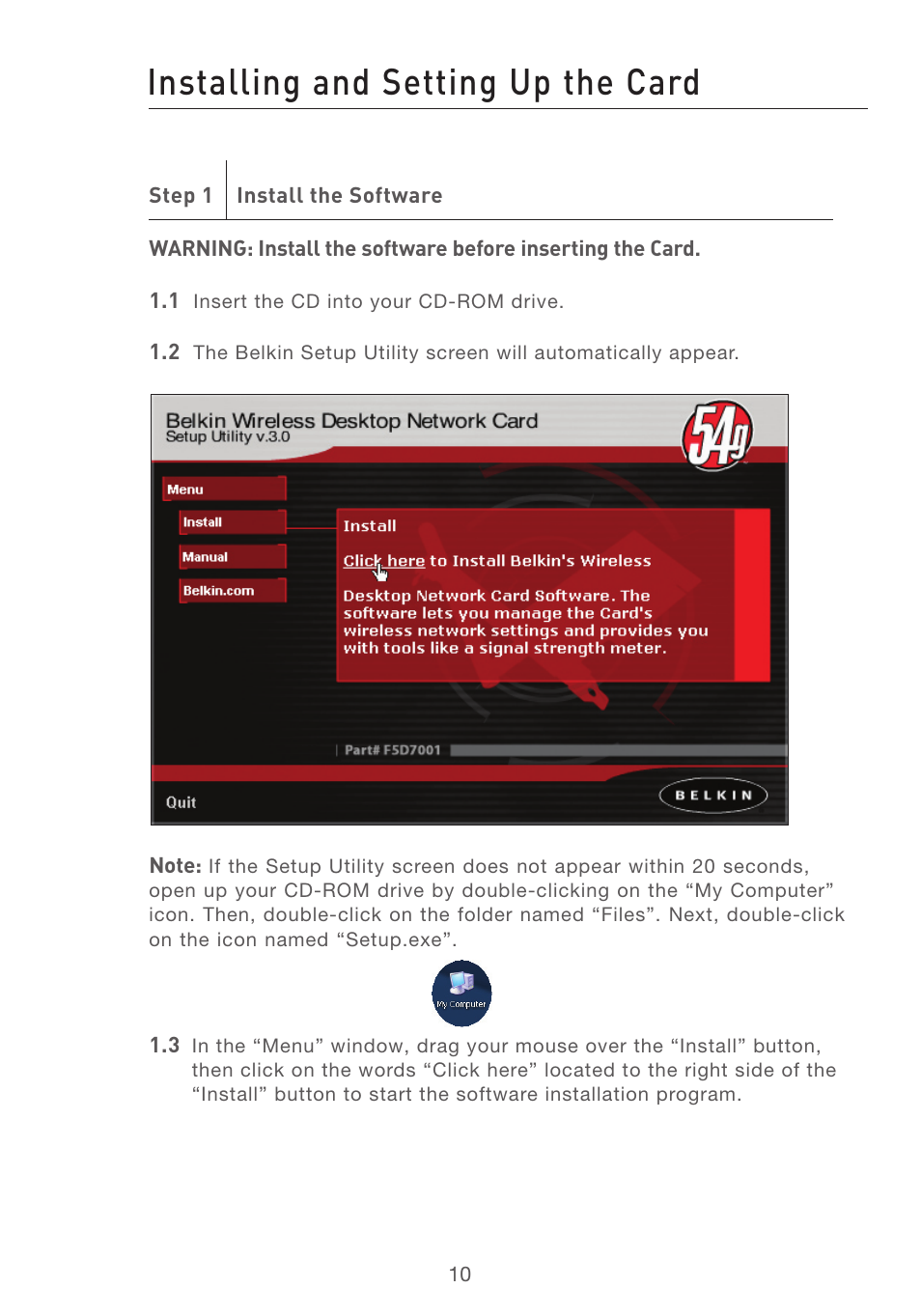 Installing and setting up the card | Belkin F5D7001 User Manual | Page 12 / 52