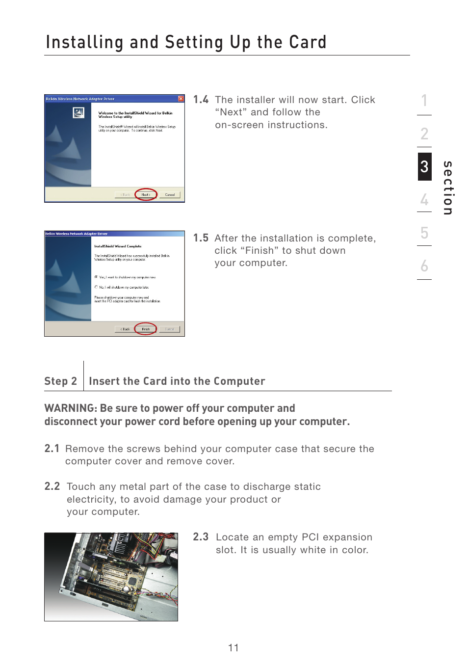 Installing and setting up the card, Se ct io n | Belkin F5D7001 User Manual | Page 13 / 52