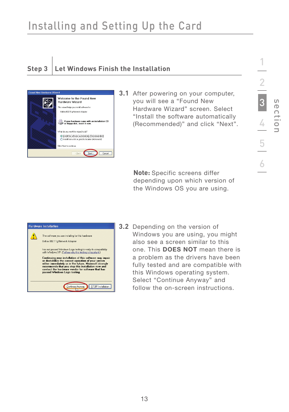 Installing and setting up the card, Se ct io n | Belkin F5D7001 User Manual | Page 15 / 52