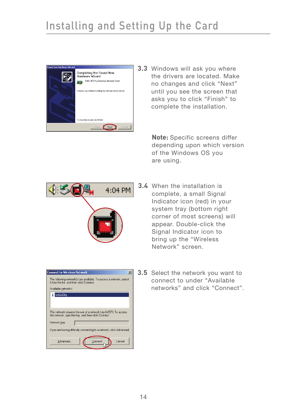 Installing and setting up the card | Belkin F5D7001 User Manual | Page 16 / 52