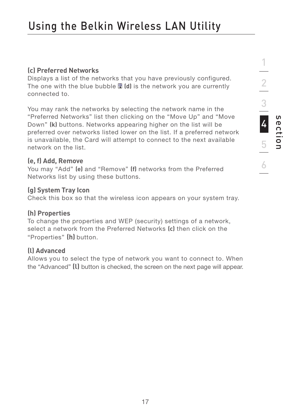 Using the belkin wireless lan utility, Se ct io n | Belkin F5D7001 User Manual | Page 19 / 52