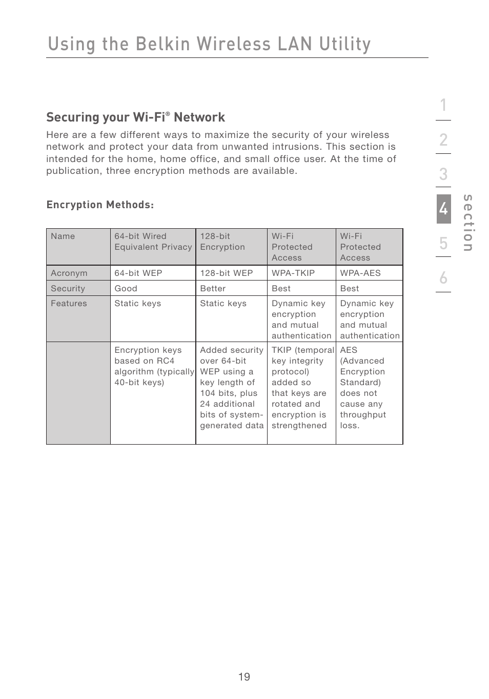 Using the belkin wireless lan utility, Se ct io n, Securing your wi-fi | Network | Belkin F5D7001 User Manual | Page 21 / 52