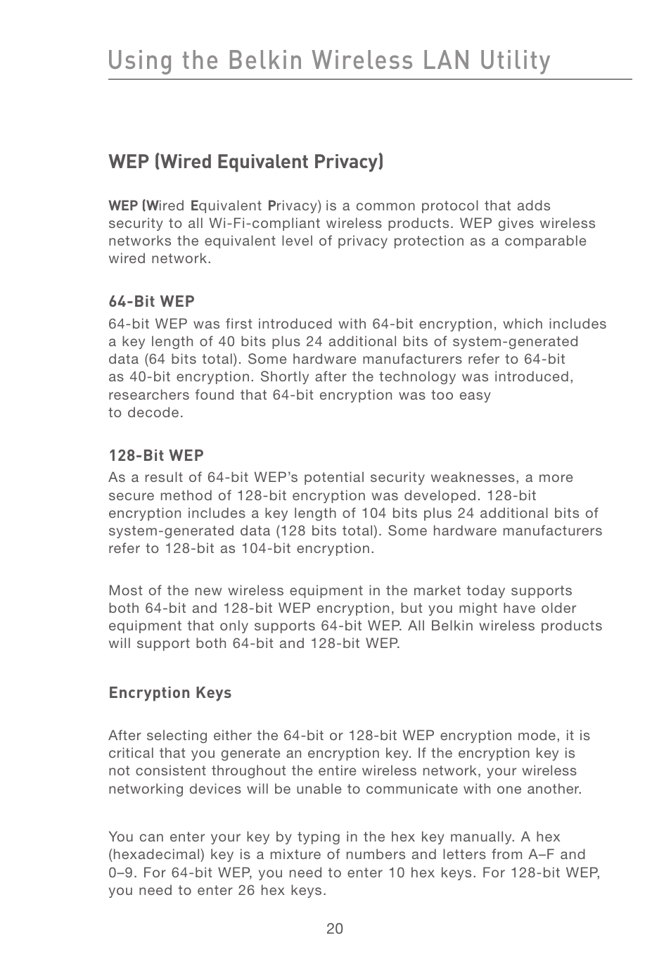 Using the belkin wireless lan utility, Wep (wired equivalent privacy) | Belkin F5D7001 User Manual | Page 22 / 52