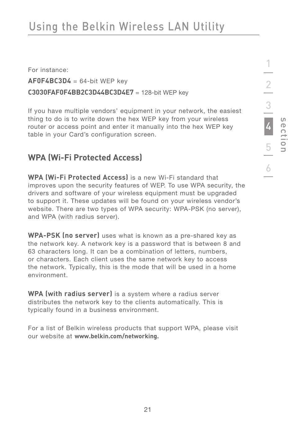 Using the belkin wireless lan utility, Se ct io n | Belkin F5D7001 User Manual | Page 23 / 52