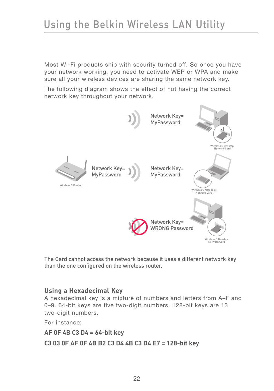 Using the belkin wireless lan utility, Using a hexadecimal key | Belkin F5D7001 User Manual | Page 24 / 52