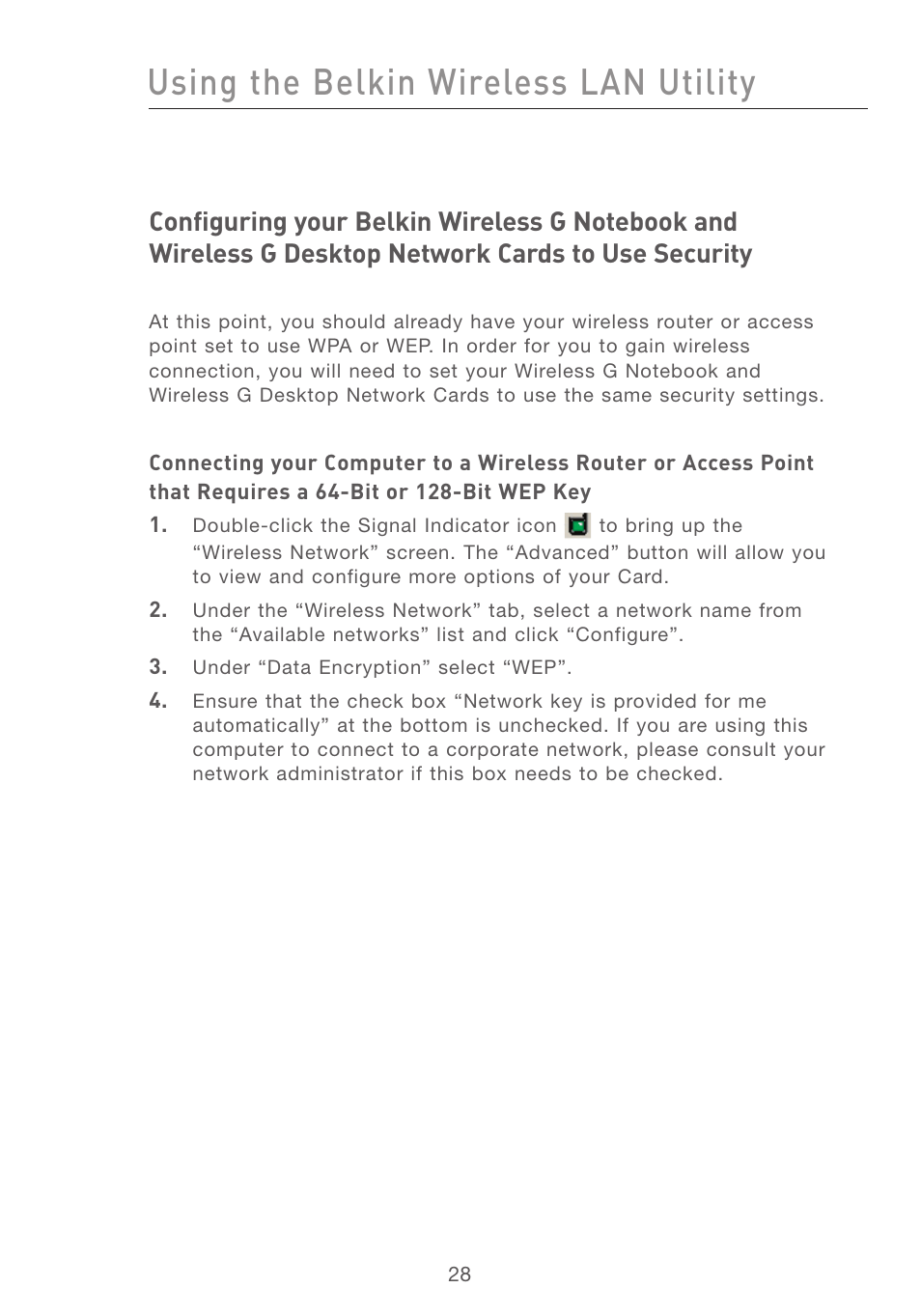 Using the belkin wireless lan utility | Belkin F5D7001 User Manual | Page 30 / 52