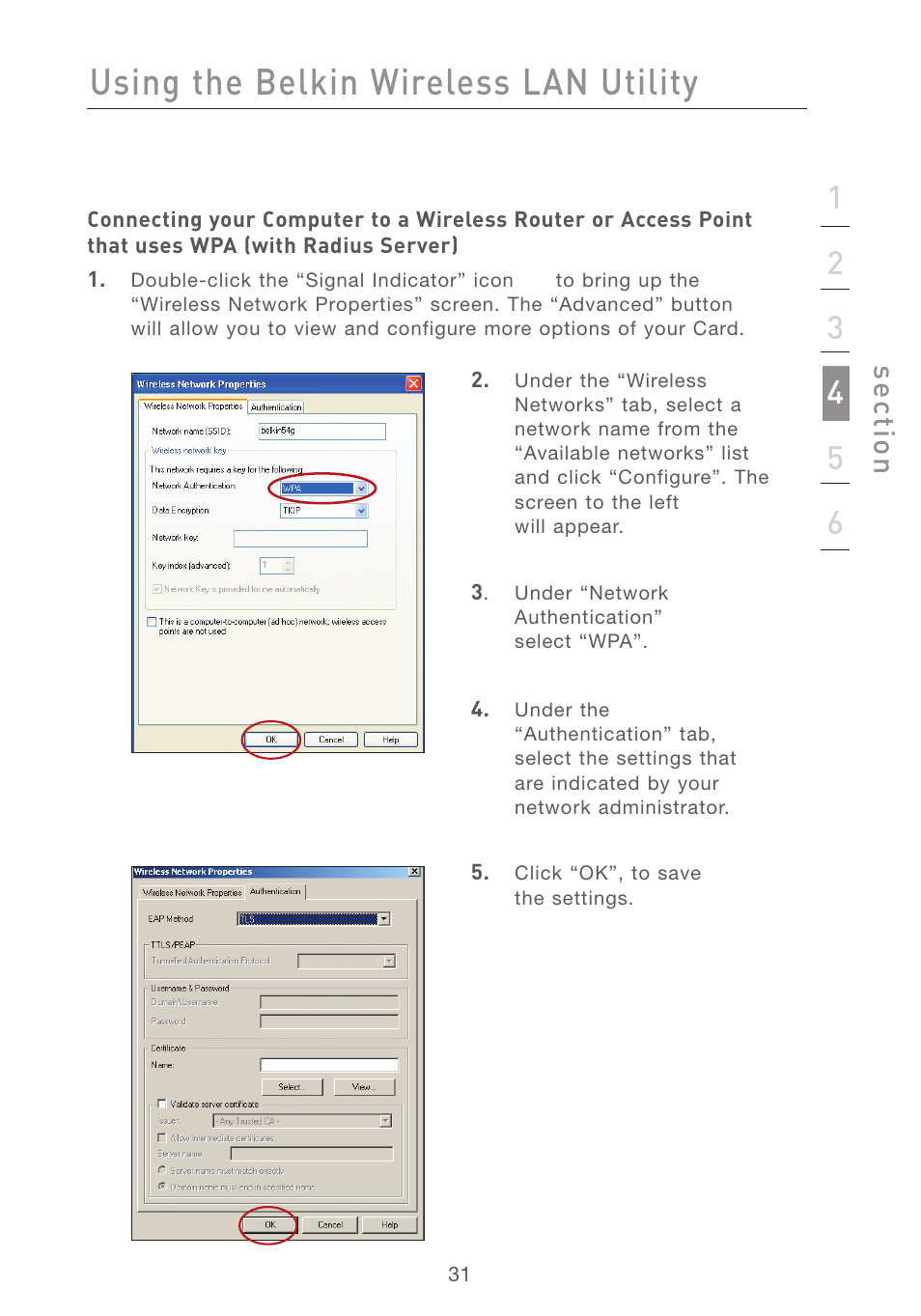 Using the belkin wireless lan utility, Se ct io n | Belkin F5D7001 User Manual | Page 33 / 52