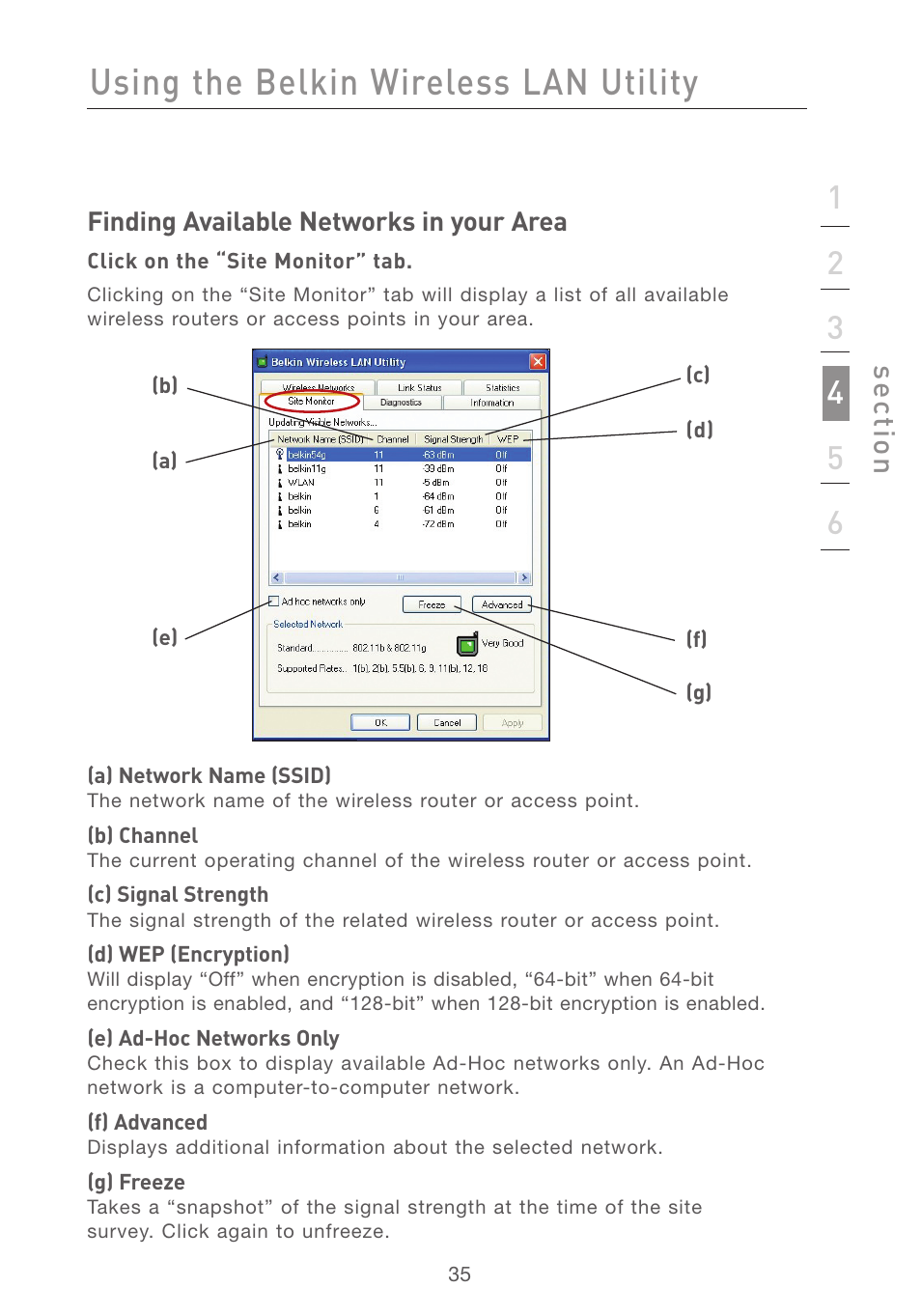 Using the belkin wireless lan utility, Se ct io n | Belkin F5D7001 User Manual | Page 37 / 52