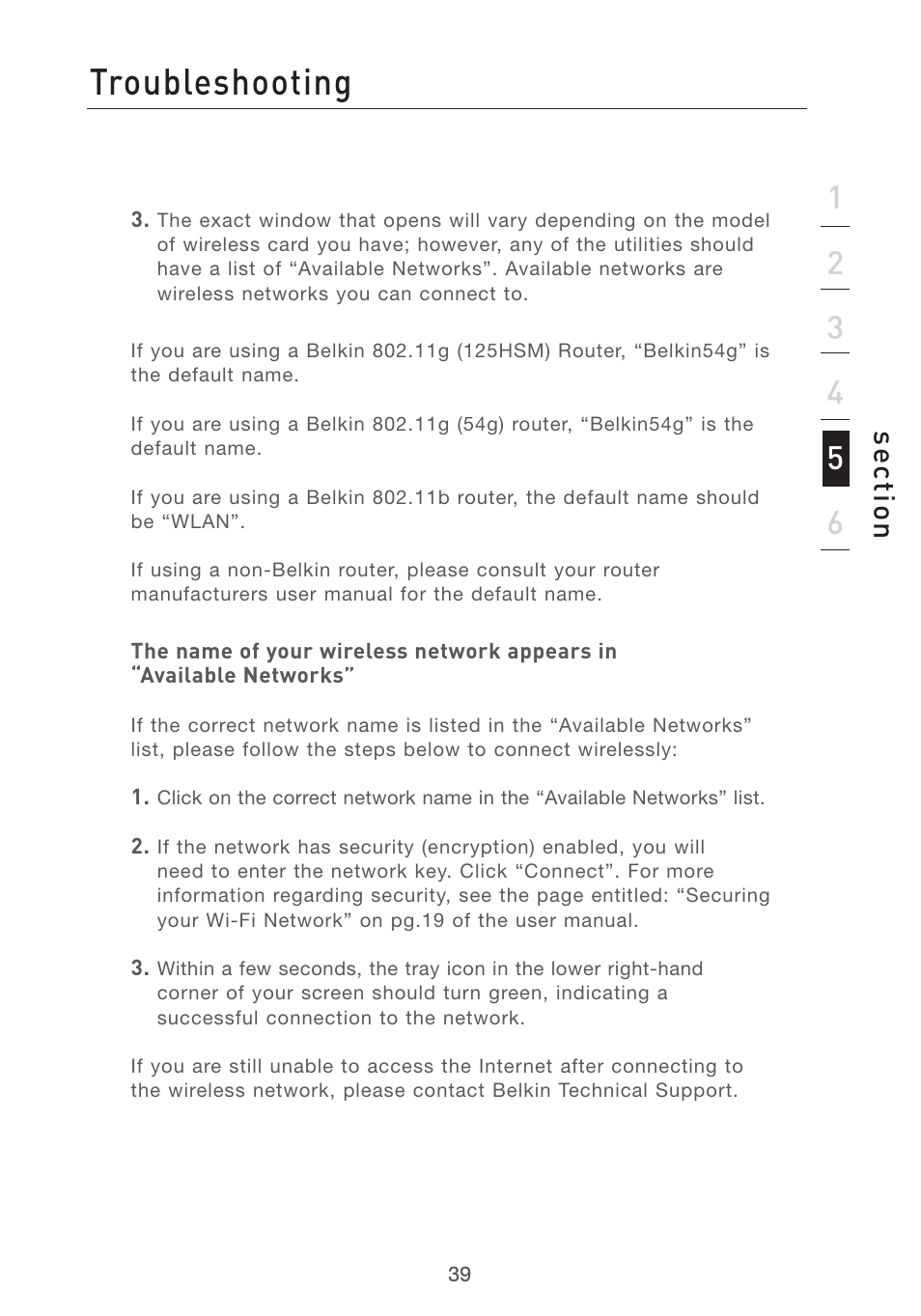Troubleshooting, Se ct io n | Belkin F5D7001 User Manual | Page 41 / 52