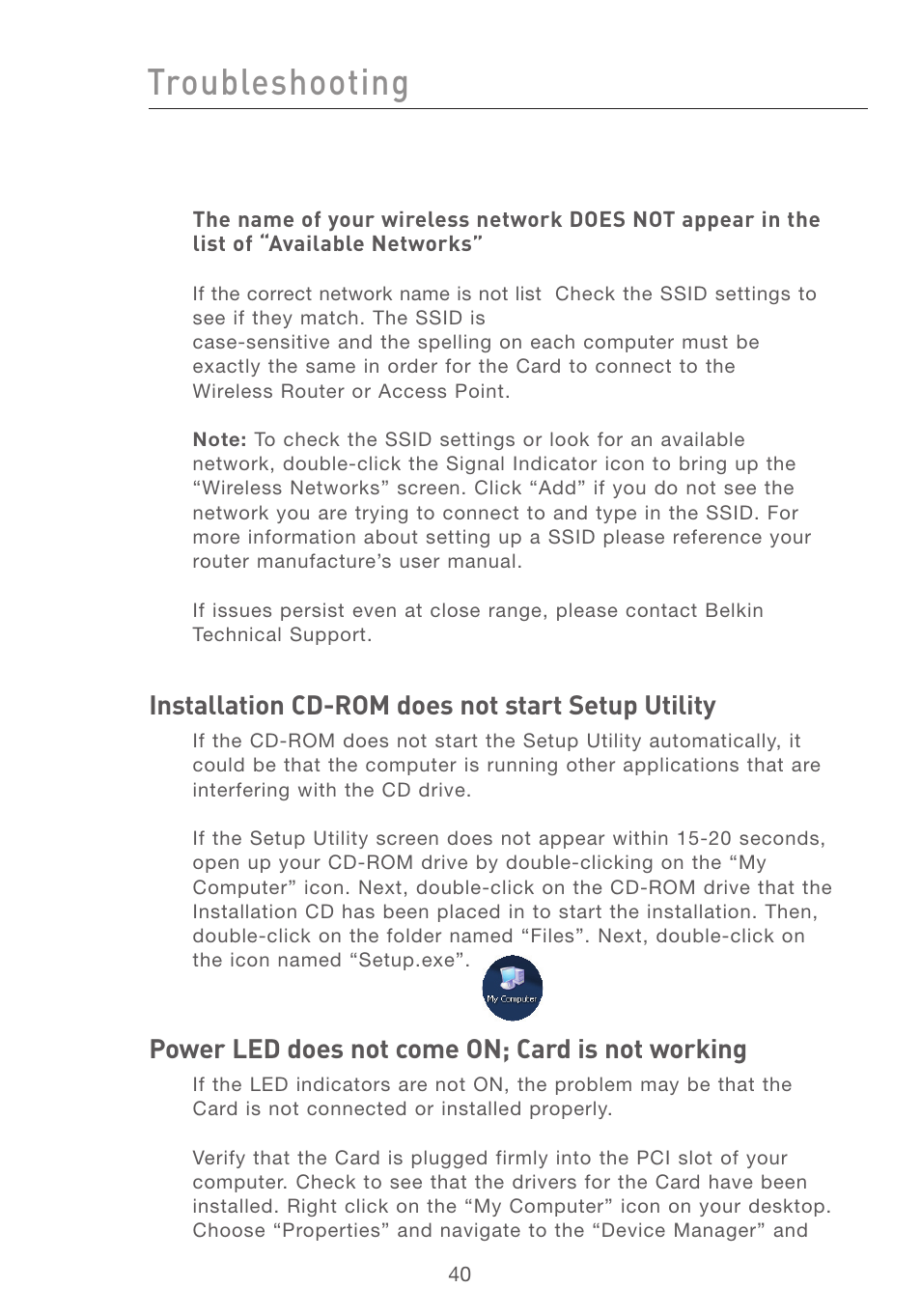 Troubleshooting, Installation cd-rom does not start setup utility, Power led does not come on; card is not working | Belkin F5D7001 User Manual | Page 42 / 52