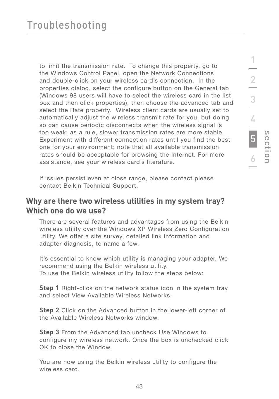 Troubleshooting, Se ct io n | Belkin F5D7001 User Manual | Page 45 / 52