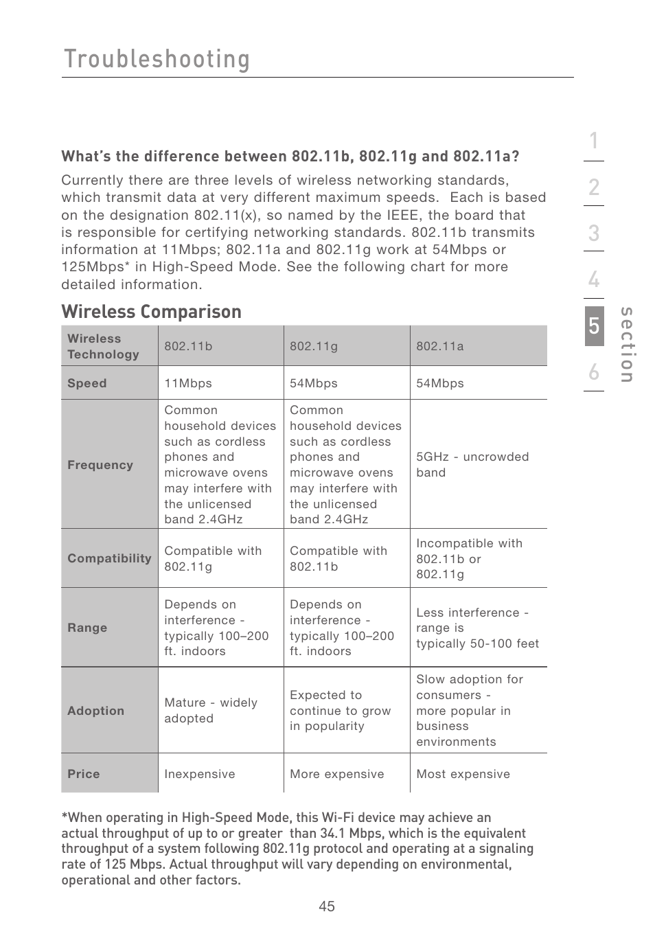 Troubleshooting, Se ct io n, Wireless comparison | Belkin F5D7001 User Manual | Page 47 / 52