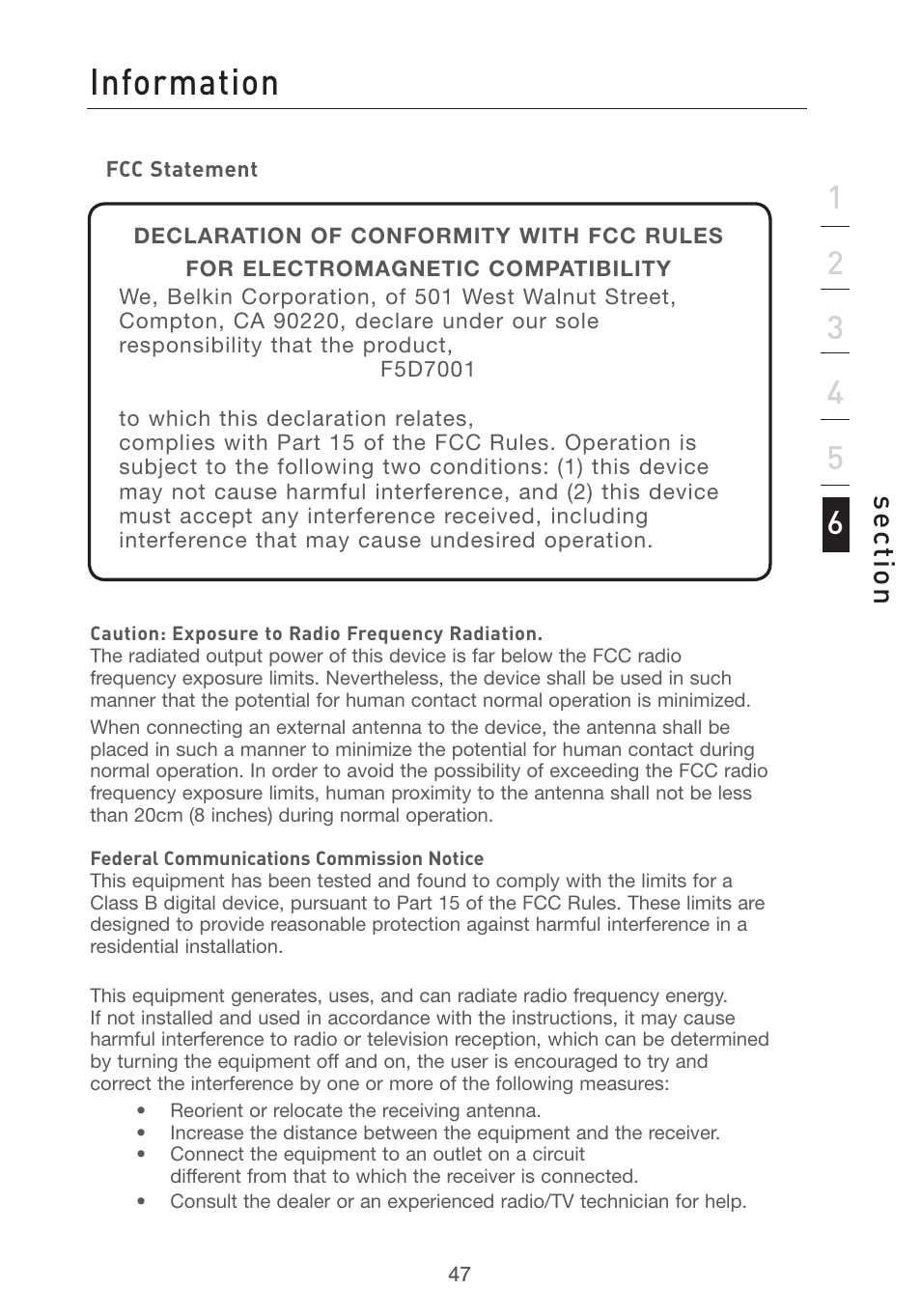 Information, Se ct io n | Belkin F5D7001 User Manual | Page 49 / 52