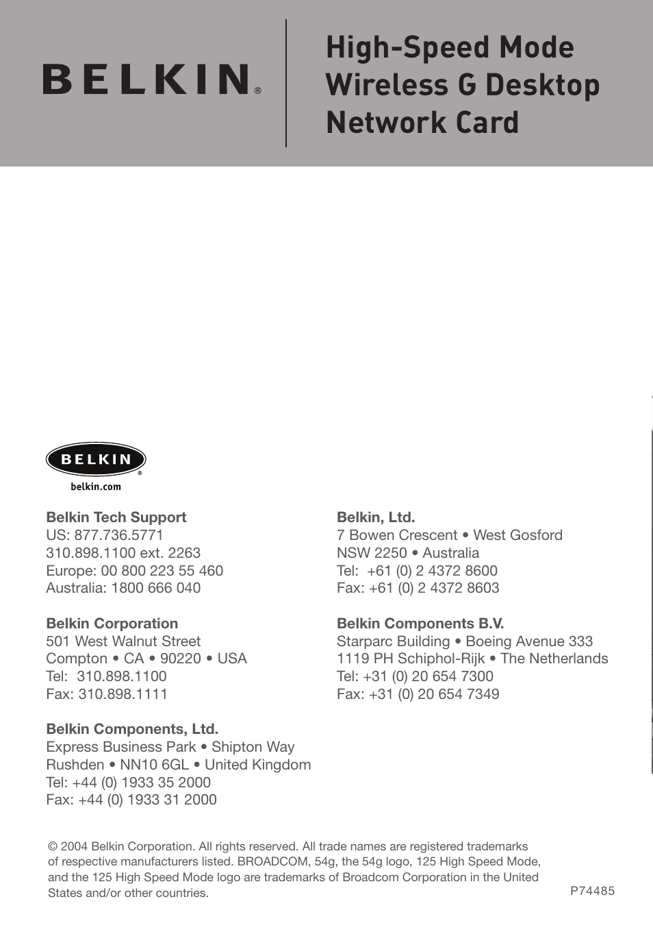 High-speed mode wireless g desktop network card | Belkin F5D7001 User Manual | Page 52 / 52