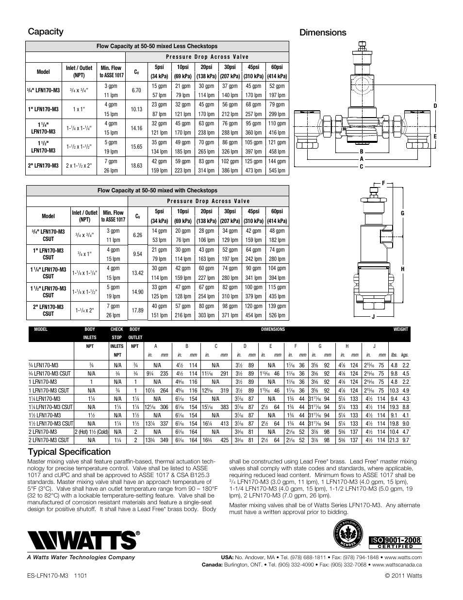 Capacity dimensions typical specification | Watts LFN170 CSUT User Manual | Page 2 / 2