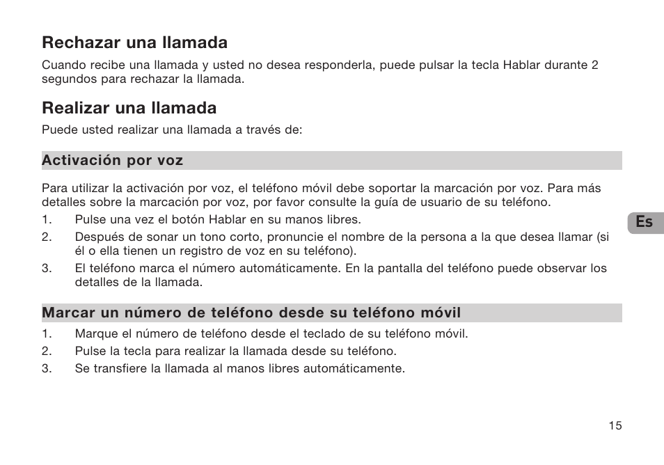 Es rechazar una llamada, Realizar una llamada | Belkin Bluetooth P75048ea User Manual | Page 115 / 148