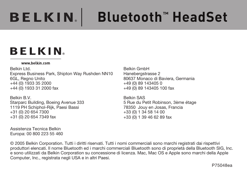 Bluetooth, Headset | Belkin Bluetooth P75048ea User Manual | Page 146 / 148