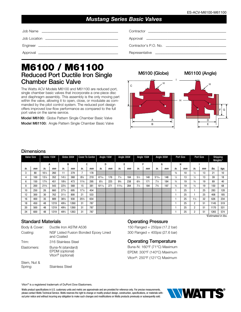 Watts M6100 / M61100 User Manual | 2 pages