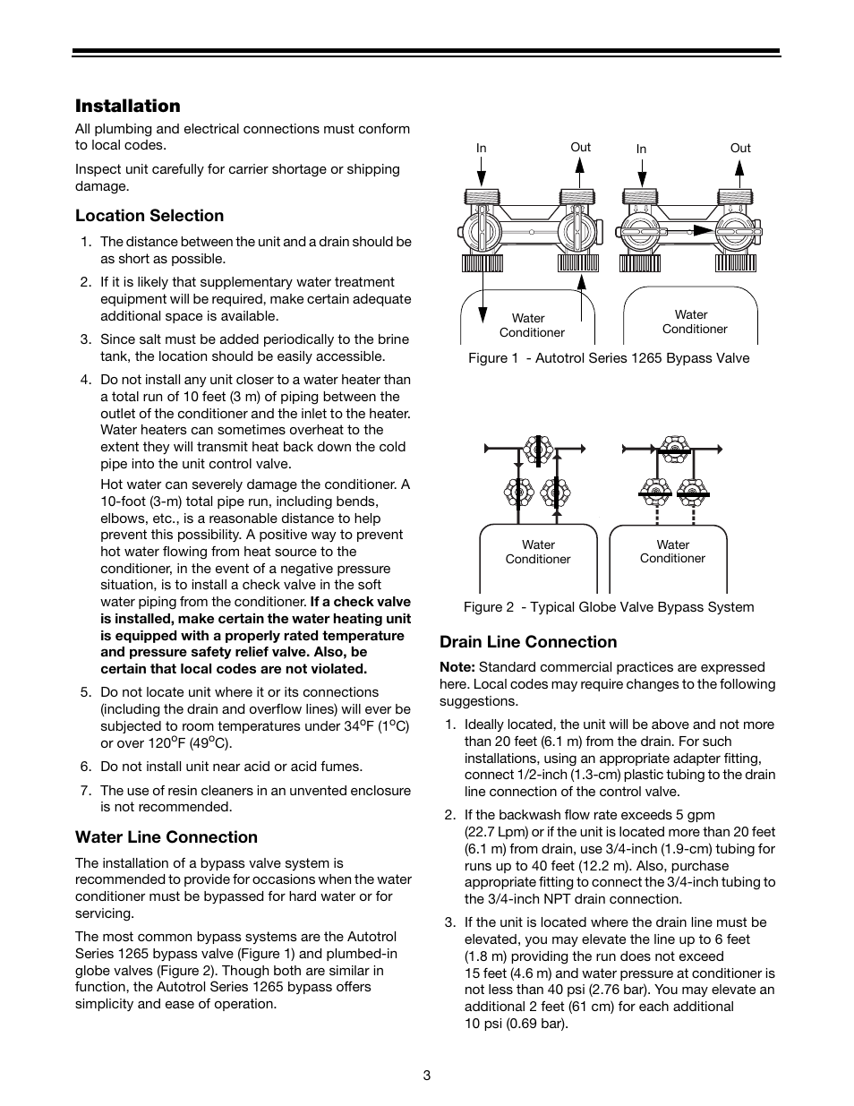 Installation, Location selection, Water line connection | Drain line connection | Watts Autotrol 263 / 268 (400 Series) User Manual | Page 3 / 24