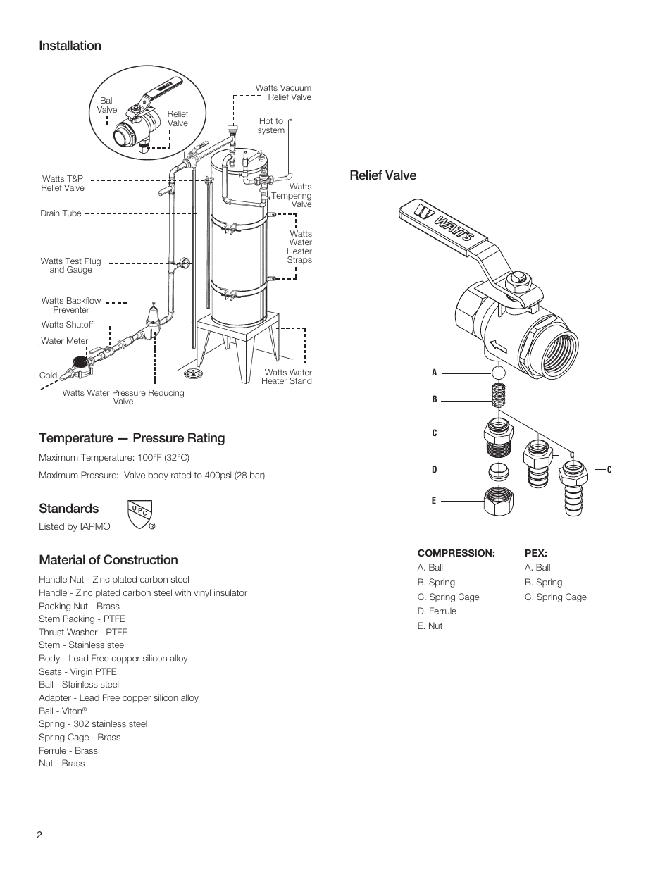 Installation temperature — pressure rating, Standards, Material of construction | Relief valve | Watts LFBRV User Manual | Page 2 / 4