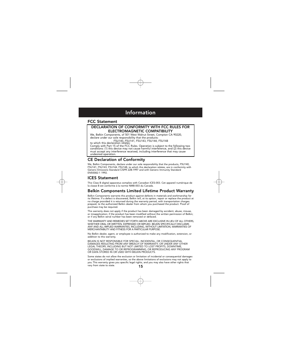 Information | Belkin F5U140 User Manual | Page 19 / 20