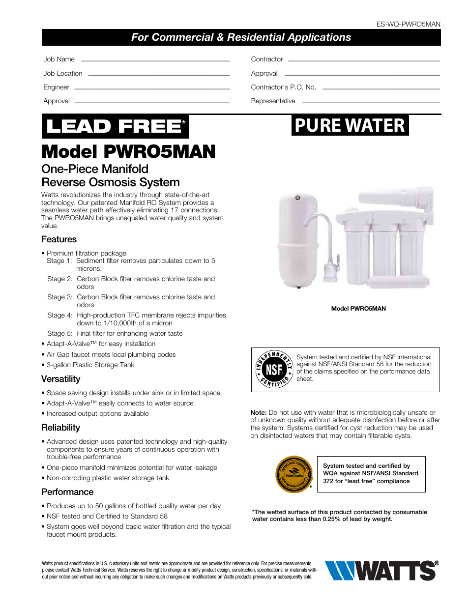 Watts PWRO5MAN User Manual | 2 pages