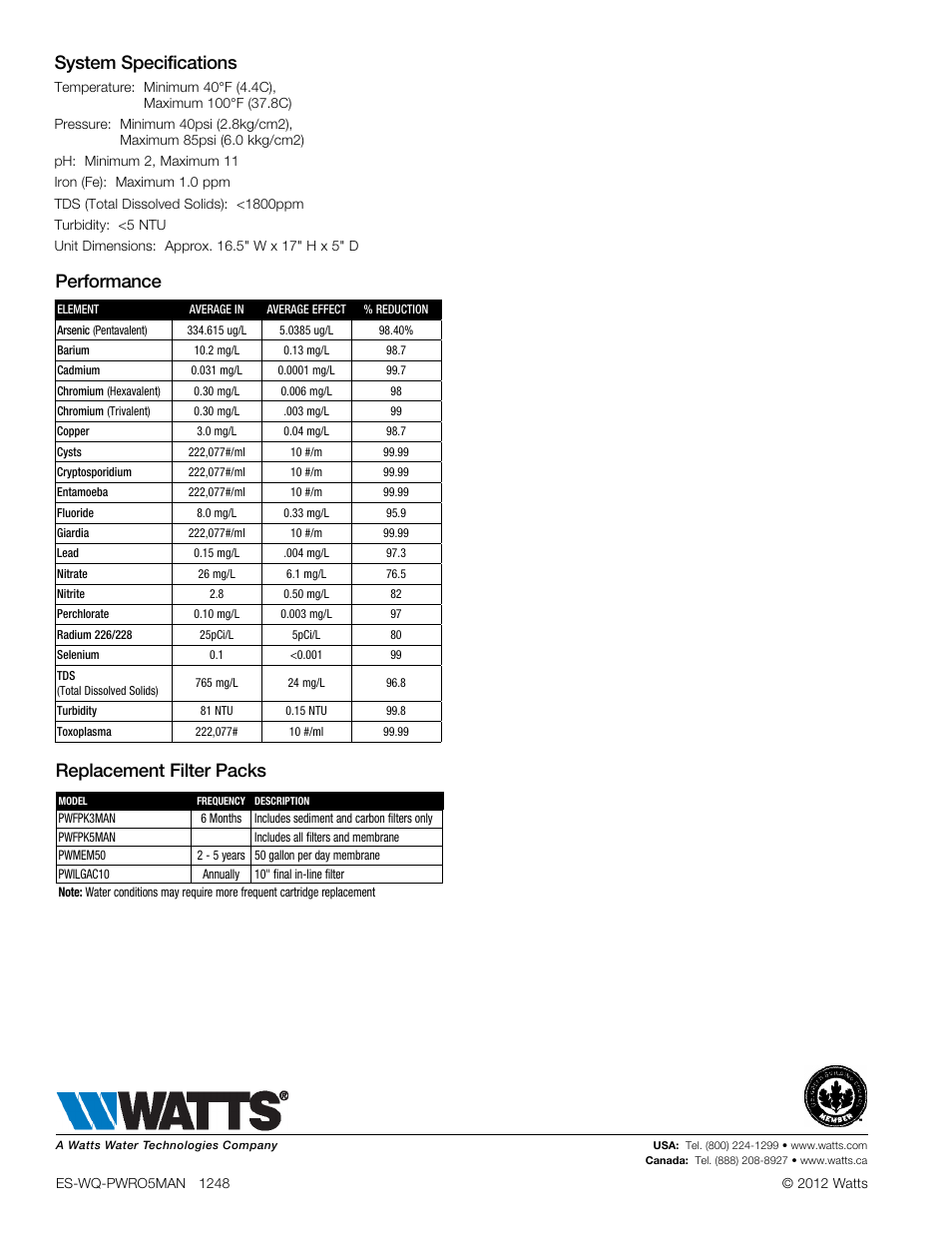 Performance system specifications, Replacement filter packs | Watts PWRO5MAN User Manual | Page 2 / 2