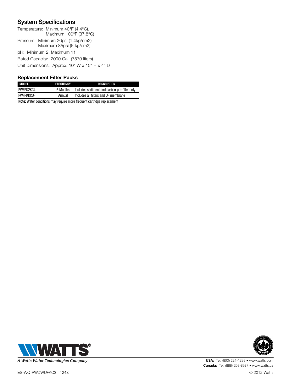 System specifications | Watts PWDWUFKC3 User Manual | Page 2 / 2