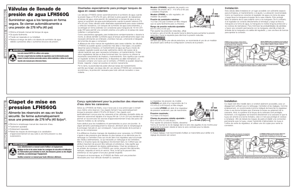 Clapet de mise en pression lfh560g, Válvulas de llenado de presión de agua lfh560g, Instalación | Installation, Precaución, Attention | Watts LFH560 User Manual | Page 2 / 2