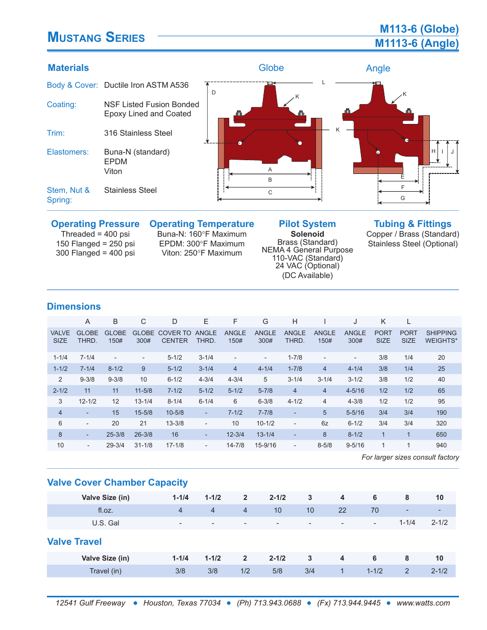 Ustang, Eries, Dimensions | Valve cover chamber capacity, Valve travel, Materials, Globe angle operating pressure, Operating temperature, Tubing & fittings, Pilot system | Watts M1113-6 User Manual | Page 2 / 6