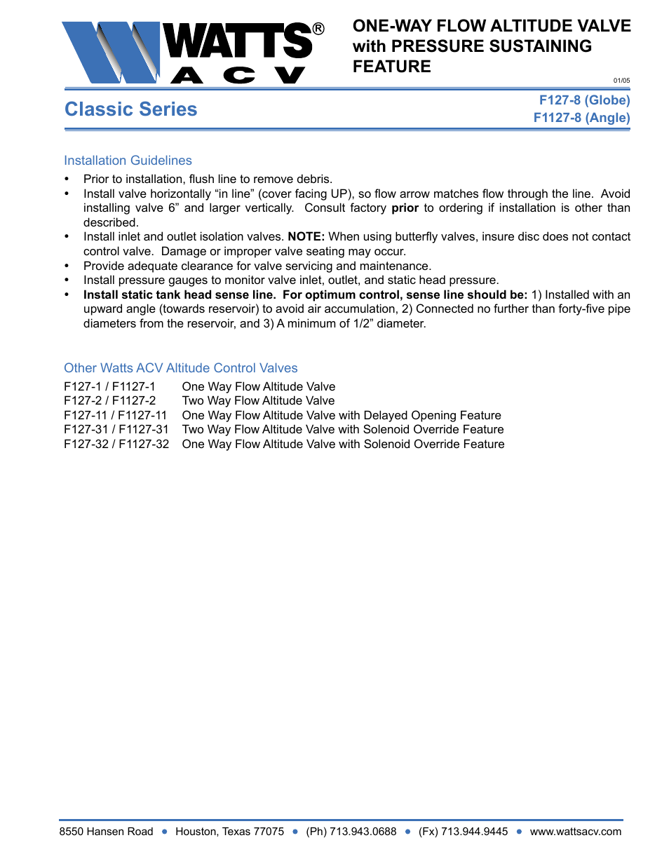 Classic series | Watts F1127-8 User Manual | Page 2 / 2