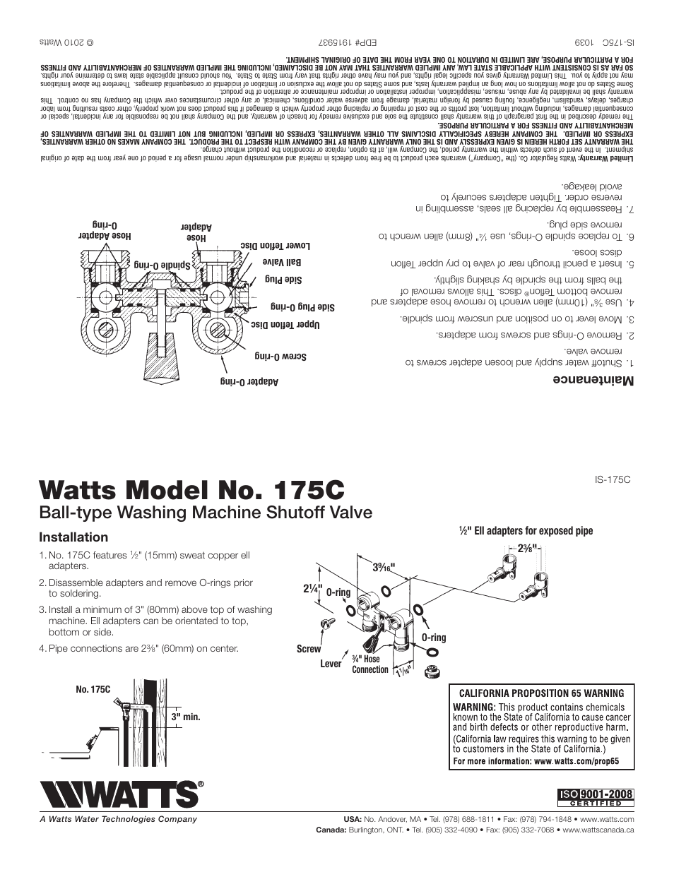 Watts 175C User Manual | 2 pages