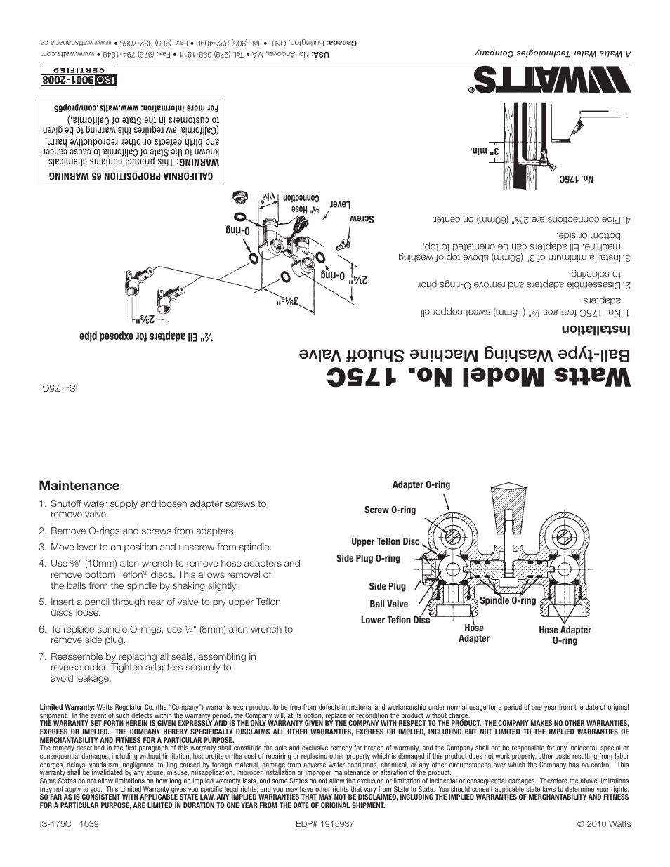 Watts model no. 175c, Ball-type washing machine shutof f valve, Installation | Maintenance | Watts 175C User Manual | Page 2 / 2