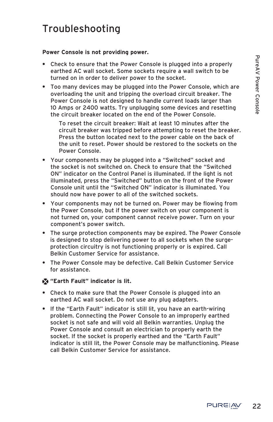 Troubleshooting | Belkin PURE AV PF50 User Manual | Page 23 / 30