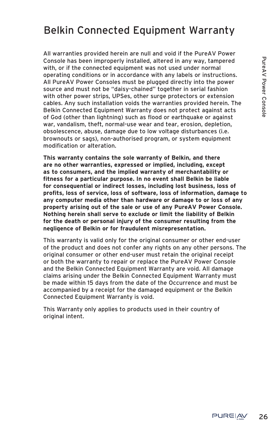 Belkin connected equipment warranty | Belkin PURE AV PF50 User Manual | Page 27 / 30