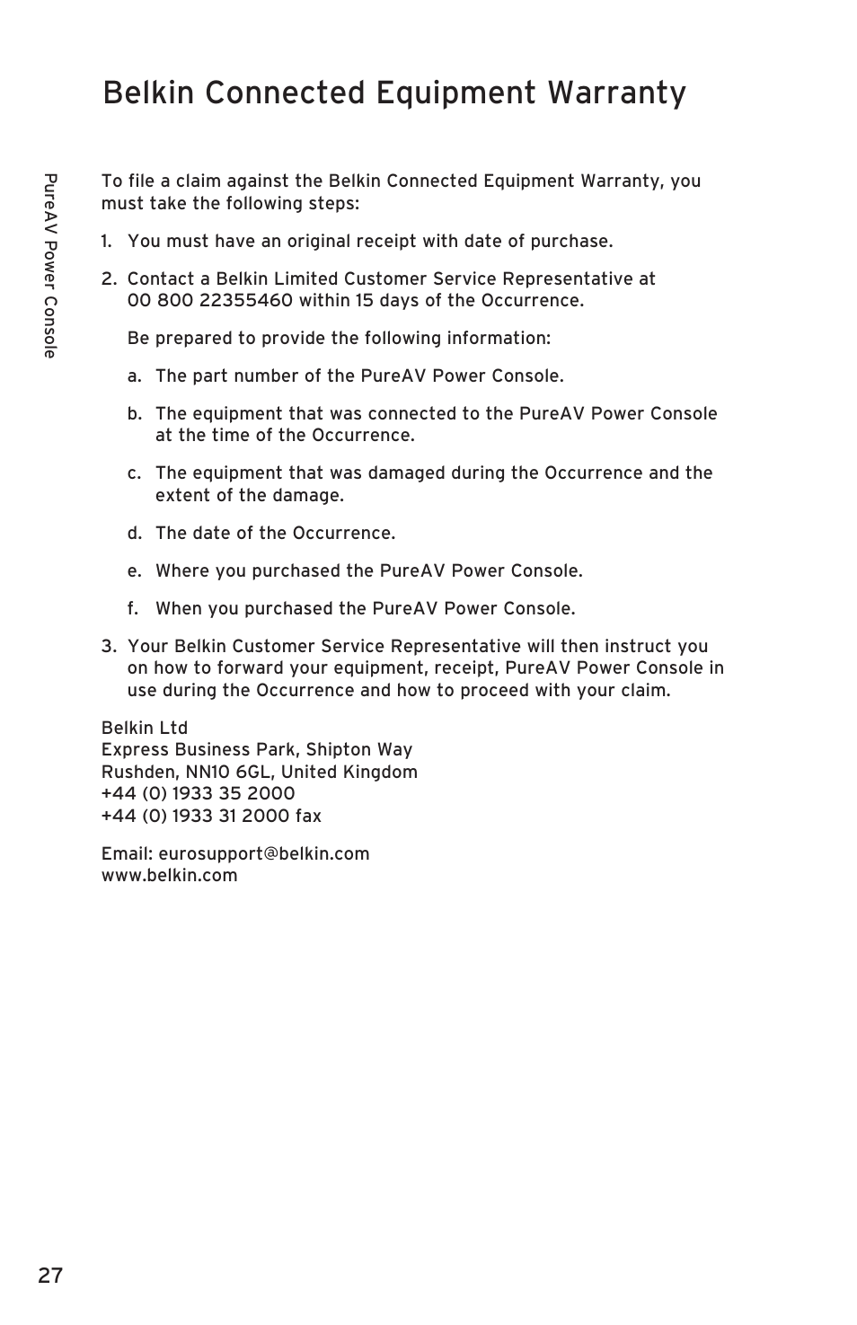 Belkin connected equipment warranty | Belkin PURE AV PF50 User Manual | Page 28 / 30