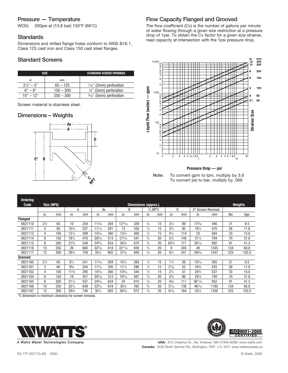 Pressure — temperature, Standards, Standard screens | Dimensions – weights, Flow capacity flanged and grooved | Watts 77G-SS User Manual | Page 2 / 2