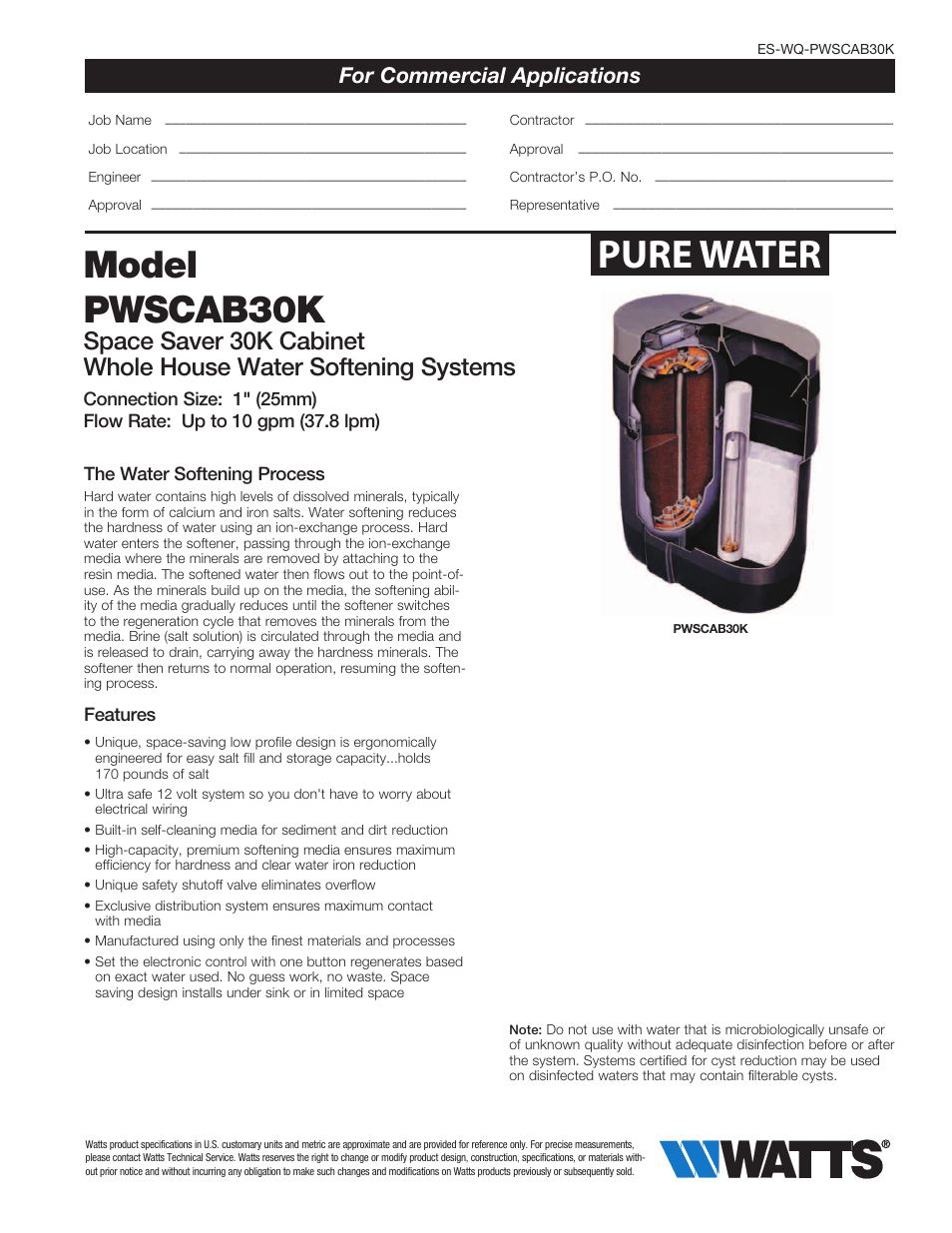 Watts PWSCAB30K User Manual | 2 pages