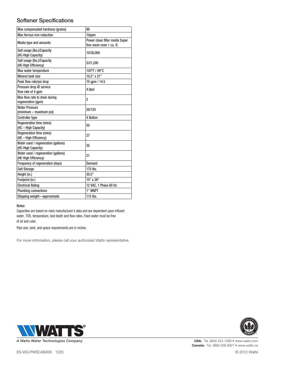Softener specifications | Watts PWSCAB30K User Manual | Page 2 / 2