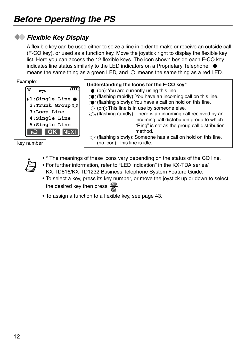 Flexible key display, Before operating the ps | Panasonic KX-TCA256 User Manual | Page 12 / 56